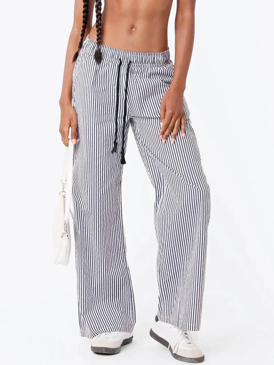 Print Elastic Waist Drawstring Loose Wide Leg Casual Trousers Lounge Striped Pants