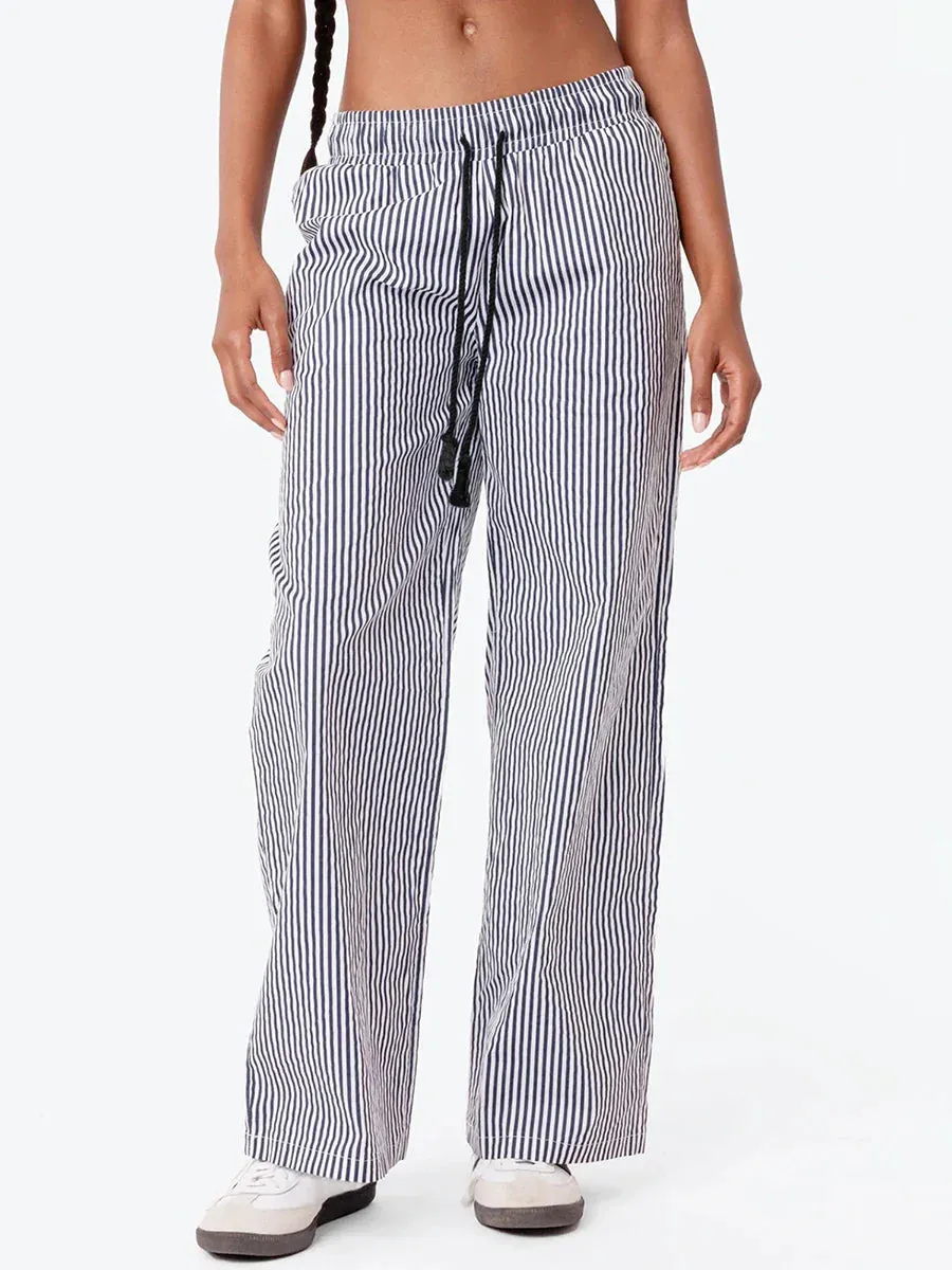 Print Elastic Waist Drawstring Loose Wide Leg Casual Trousers Lounge Striped Pants