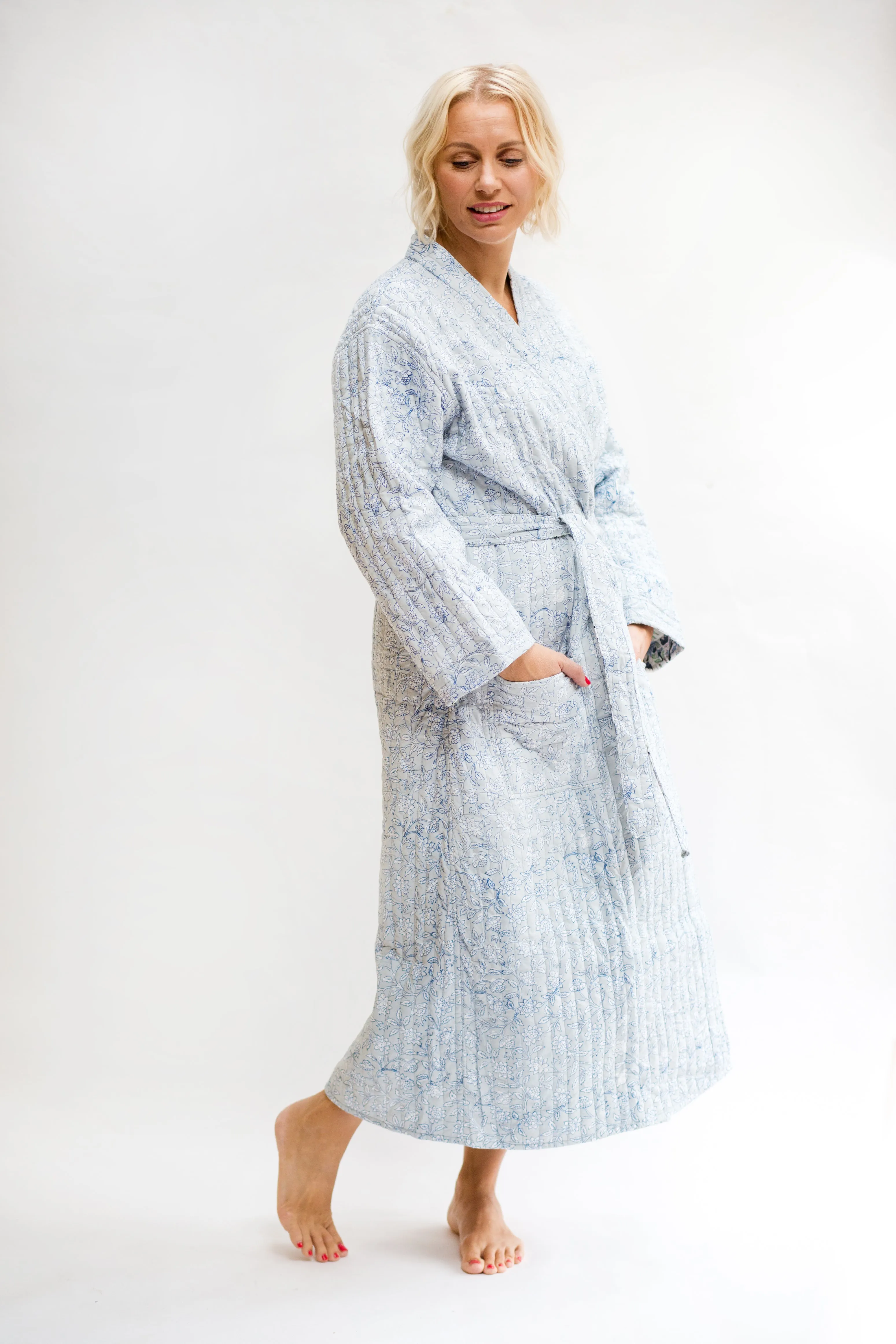 SALE Luxury Quilted Hand Block Print Robe - Grey & Blue Print