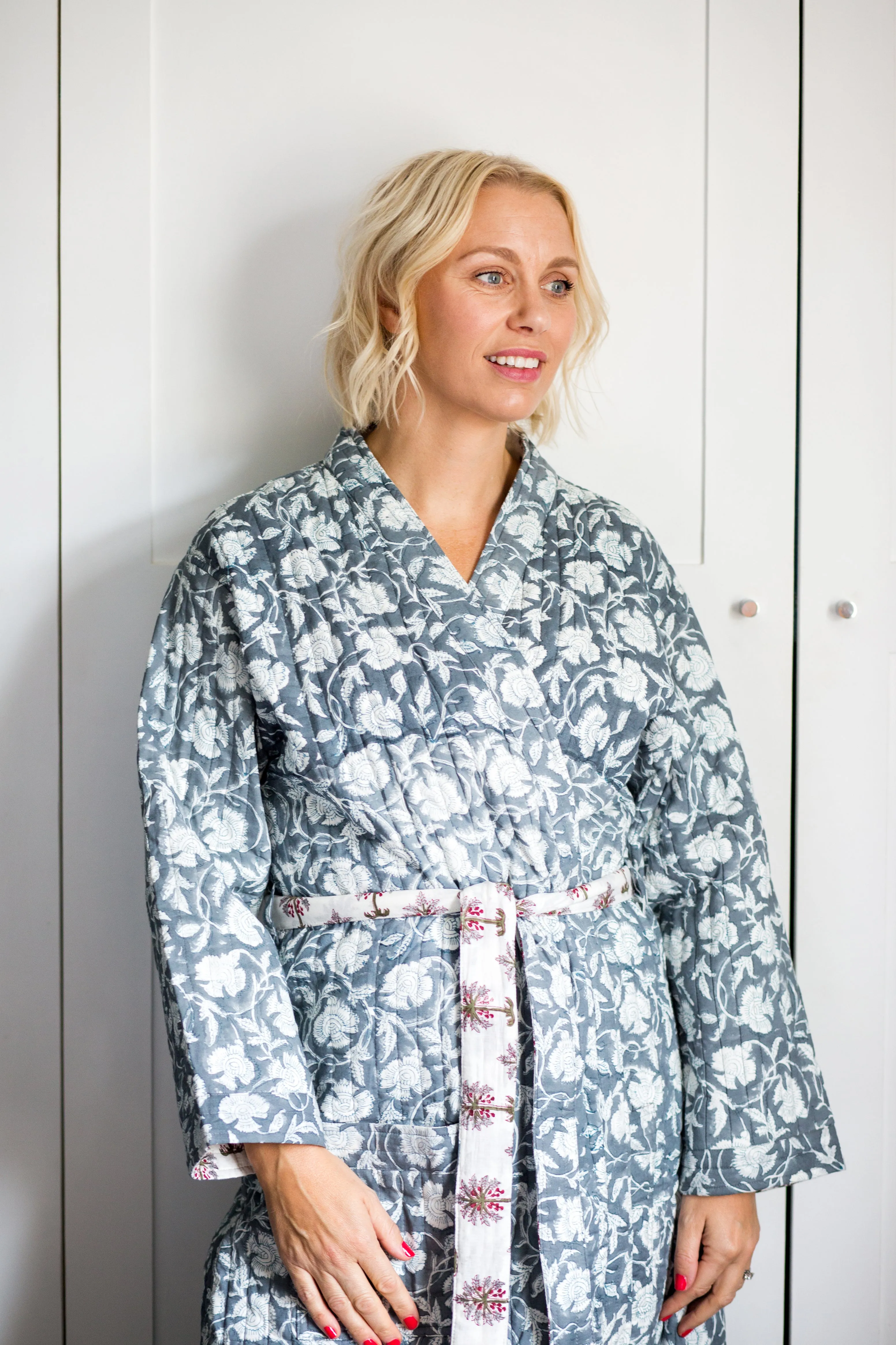 SALE Luxury Quilted Hand Block Print Robe - Grey & White Print