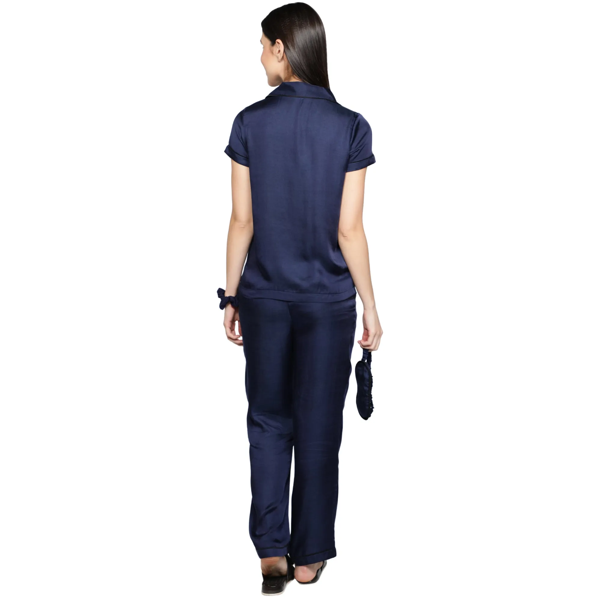 SLAY. Women's Nightwear Night Blue color Half Sleeve Button Up Shirt & Pajama Co-ord Set