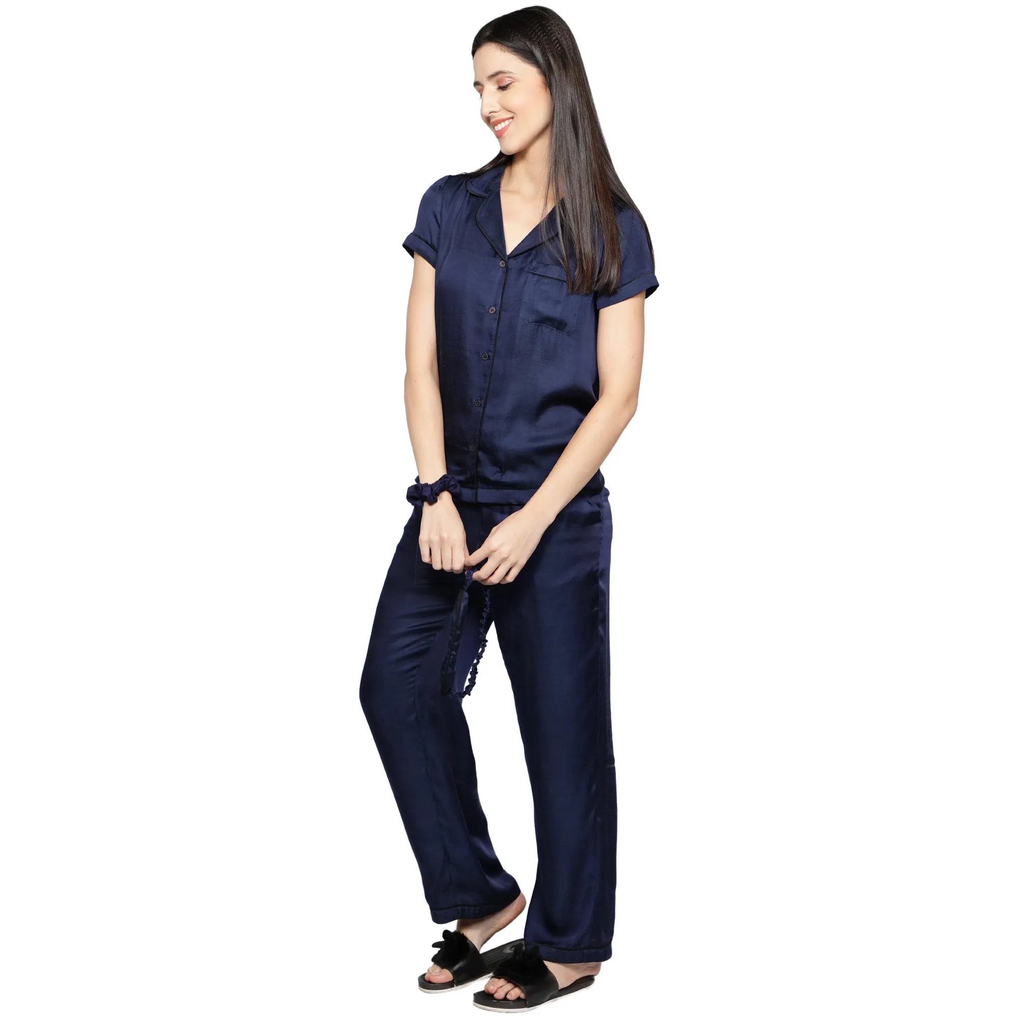 SLAY. Women's Nightwear Night Blue color Half Sleeve Button Up Shirt & Pajama Co-ord Set