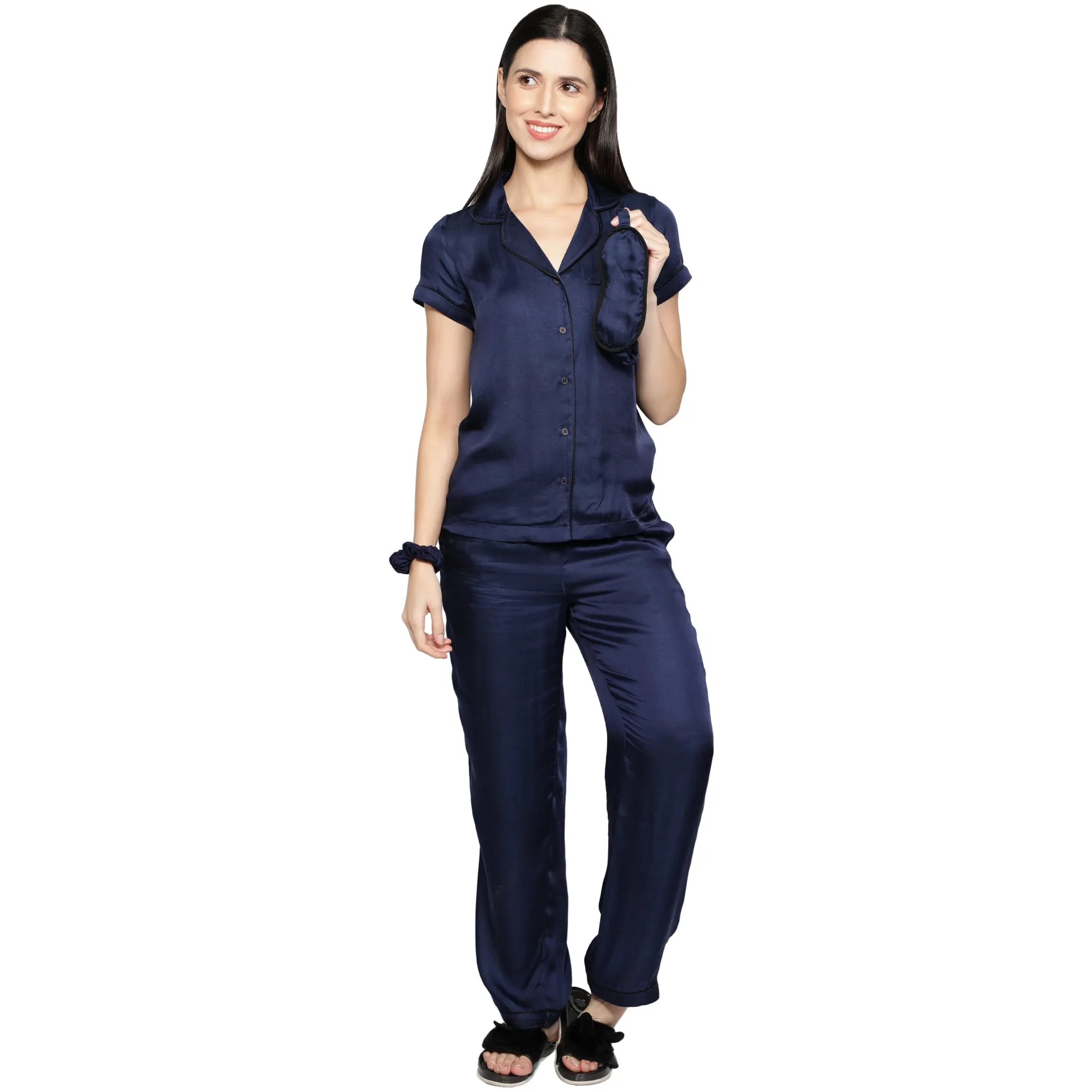 SLAY. Women's Nightwear Night Blue color Half Sleeve Button Up Shirt & Pajama Co-ord Set