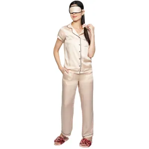 SLAY. Women's Nightwear Nude color Half Sleeve Button Up Shirt and Pyjama Co-ord Set with matching Eye mask & Ruffle