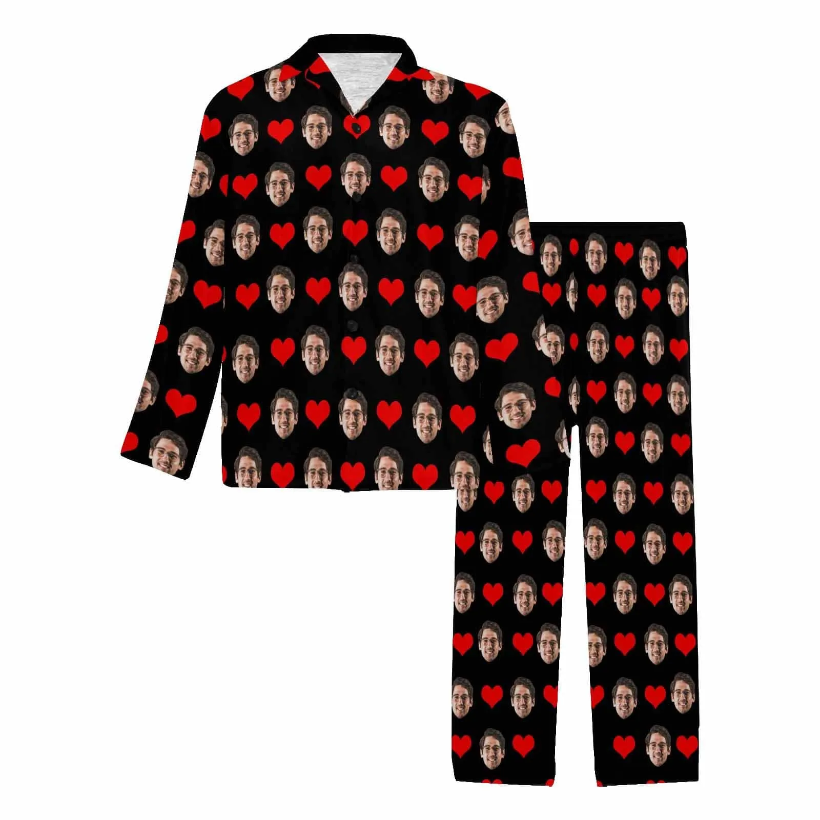 Soft Long Sleeve Pajamas for Men-Custom Face Red Heart Pajamas Personalized Men's V-Neck Long Sleeve Pajama Set Gift for Him