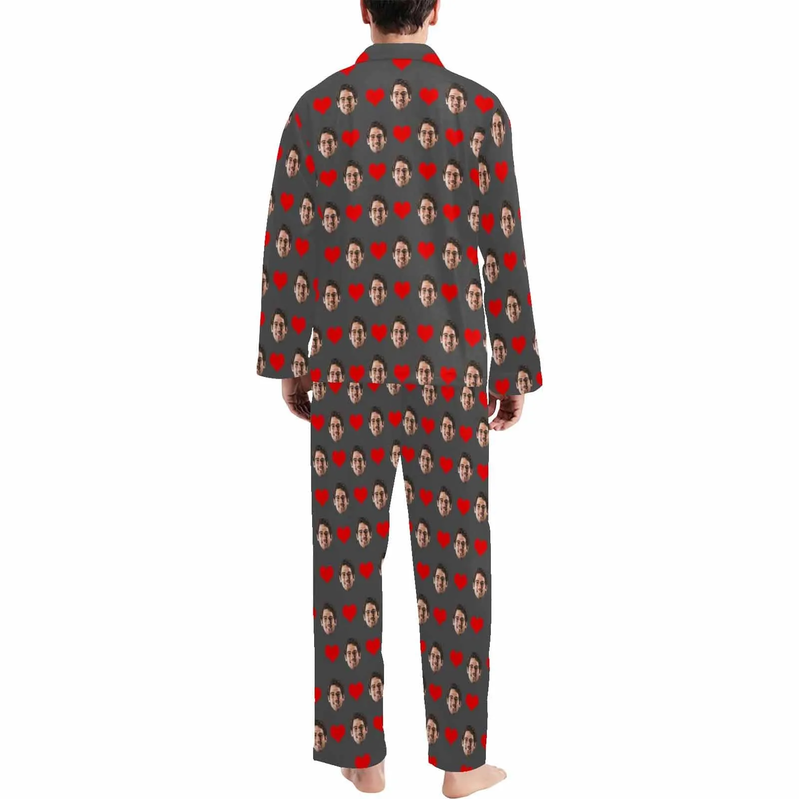 Soft Long Sleeve Pajamas for Men-Custom Face Red Heart Pajamas Personalized Men's V-Neck Long Sleeve Pajama Set Gift for Him