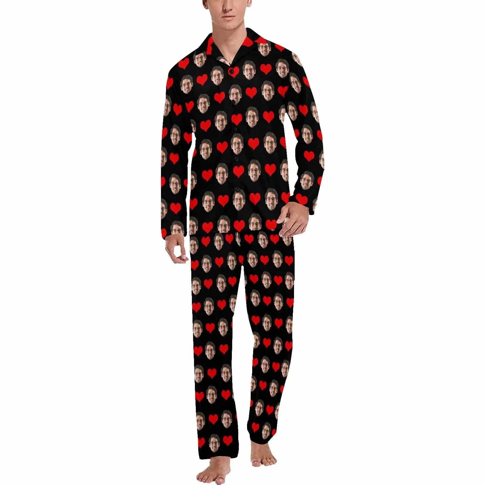 Soft Long Sleeve Pajamas for Men-Custom Face Red Heart Pajamas Personalized Men's V-Neck Long Sleeve Pajama Set Gift for Him