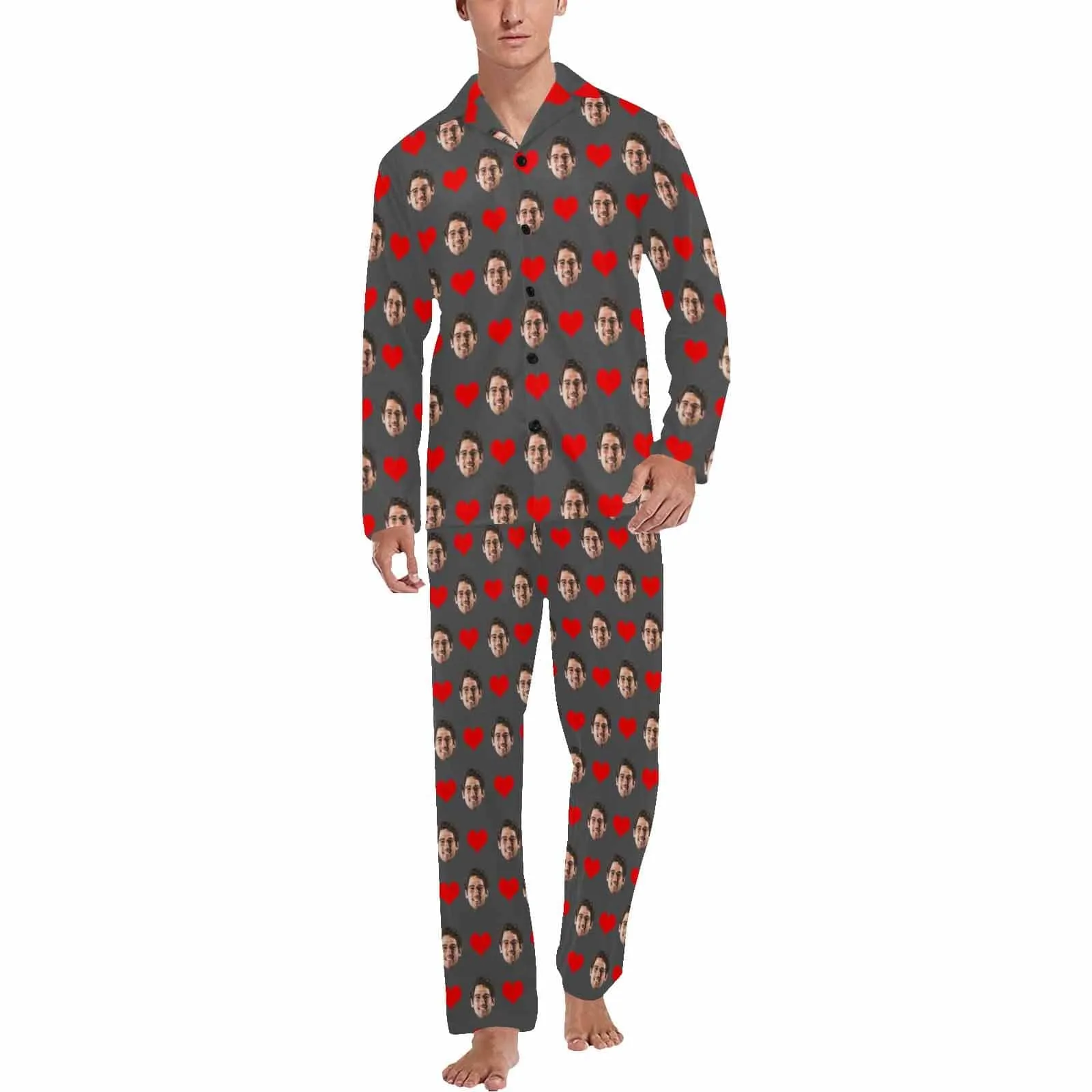 Soft Long Sleeve Pajamas for Men-Custom Face Red Heart Pajamas Personalized Men's V-Neck Long Sleeve Pajama Set Gift for Him