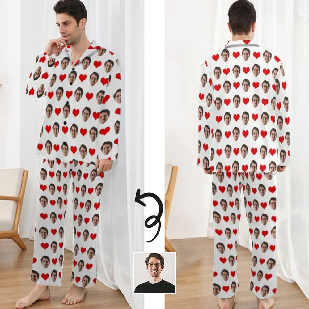 Soft Long Sleeve Pajamas for Men-Custom Face Red Heart Pajamas Personalized Men's V-Neck Long Sleeve Pajama Set Gift for Him