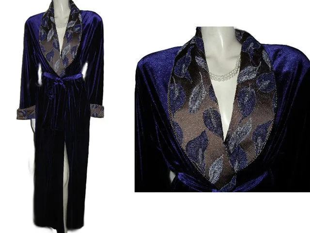 SOLD - NEW - GORGEOUS DIAMOND TEA LUXURIOUS WRAP-STYLE SPANDEX VELVET VELOUR ROBE IN AMETHYST WITH BROCADE APPLIQUE-LOOK FLORAL & LEAF COLLAR & CUFFS - SIZE MEDIUM - #2