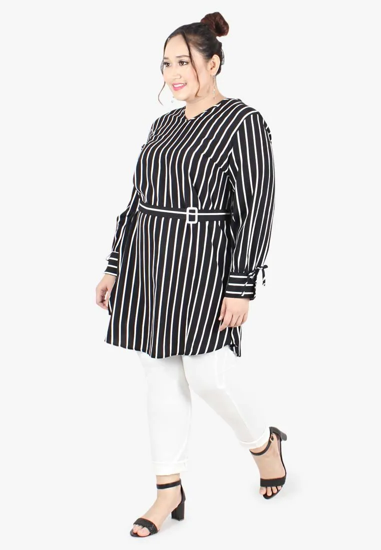 Violetta Belted Striped Long Blouse  - Black