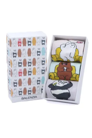 We Bare Bears By Balenzia  Low Cut Socks For Women (Pack Of 3 Pairs/1U)-White,D.Grey,Brown