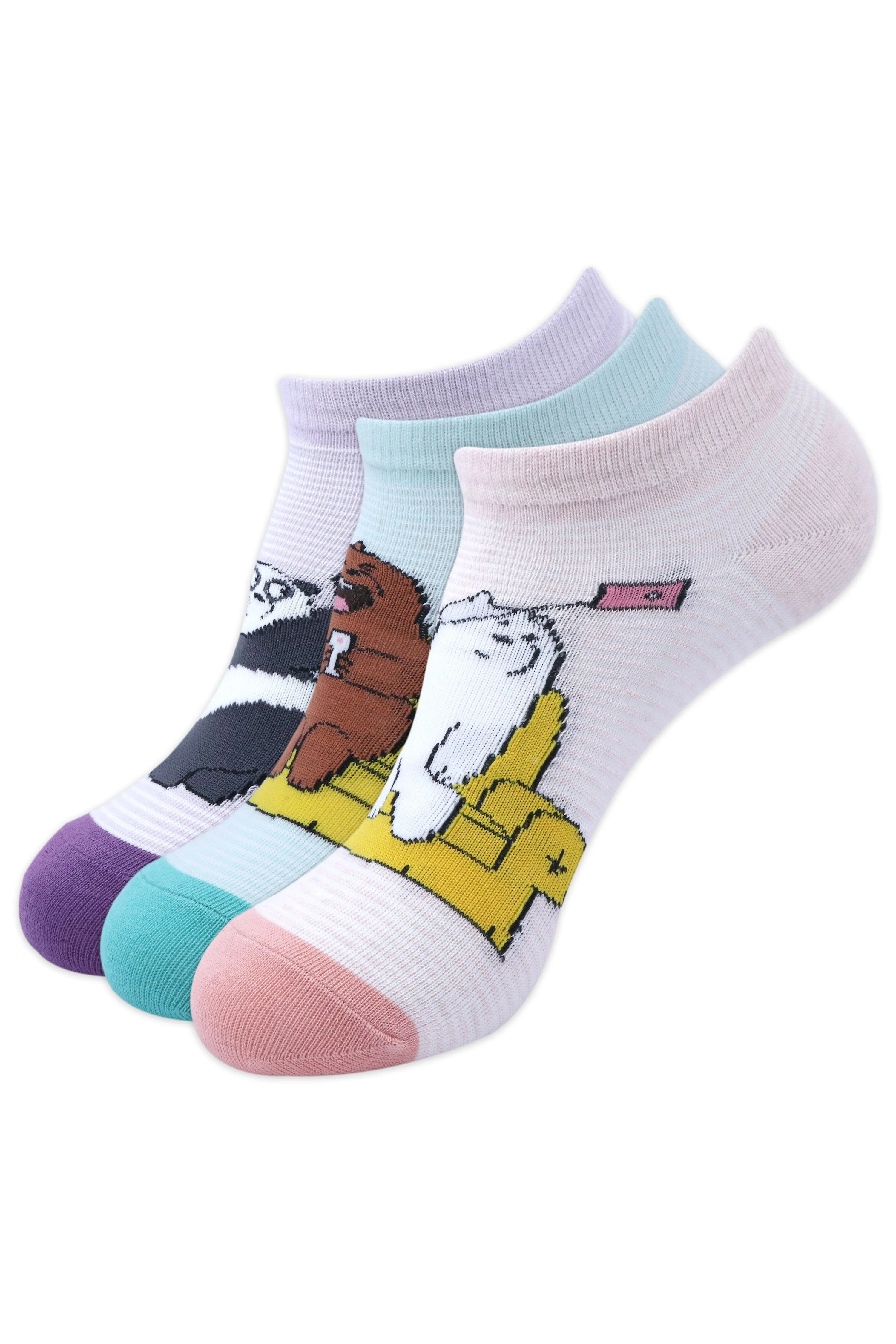 We Bare Bears By Balenzia  Low Cut Socks For Women (Pack Of 3 Pairs/1U)-White,D.Grey,Brown