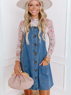 Womens Charming Button-Front Denim Jumper Dress