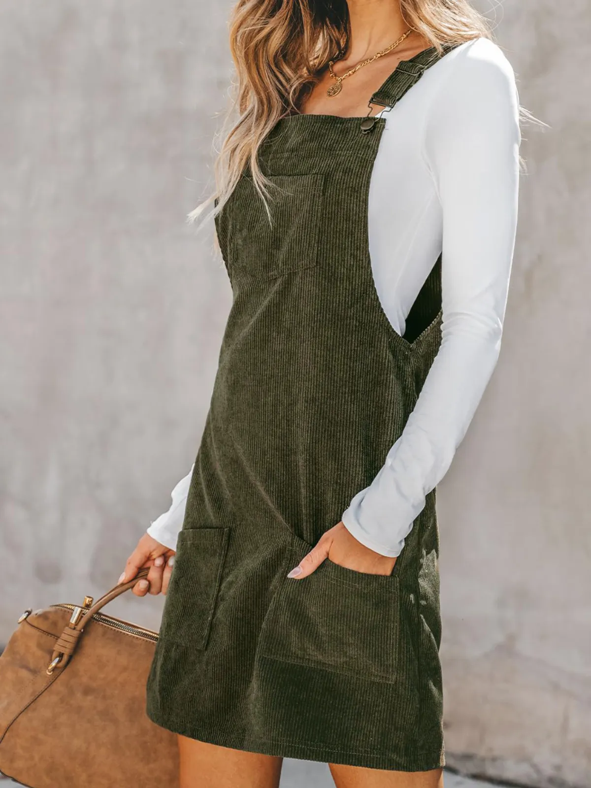 Womens Green Solid Corduroy Overall Dress with Front Pockets