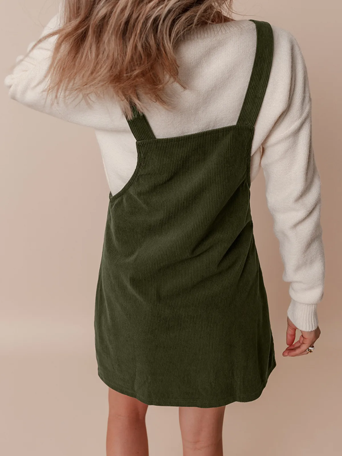 Womens Green Solid Corduroy Overall Dress with Front Pockets