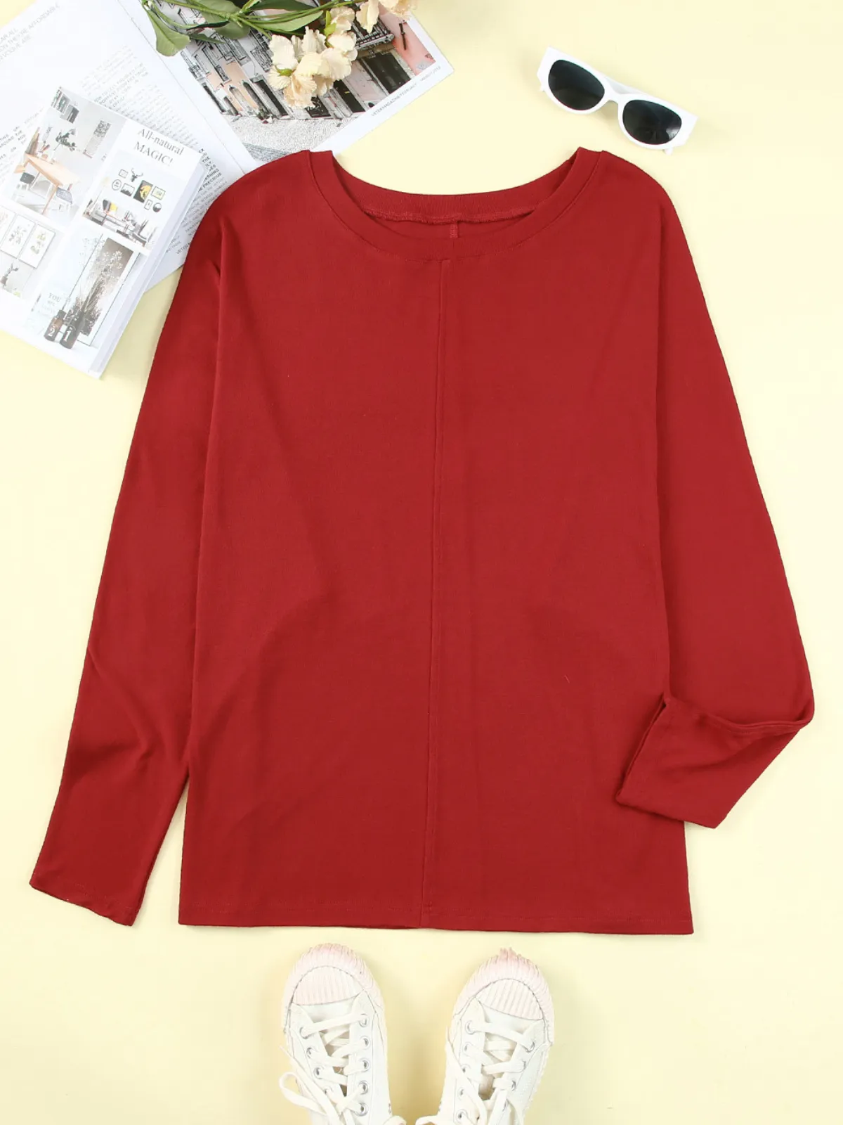 Womens Red Solid Color Patchwork Long Sleeve Top