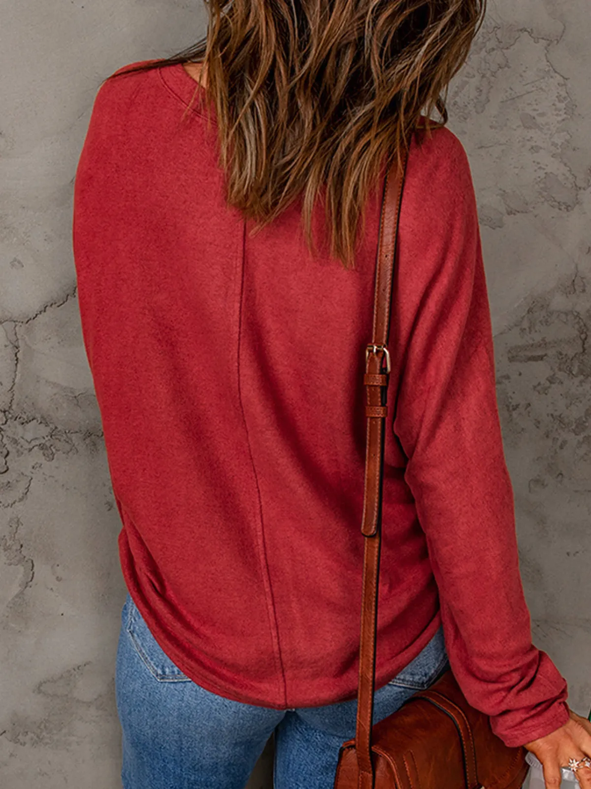 Womens Red Solid Color Patchwork Long Sleeve Top