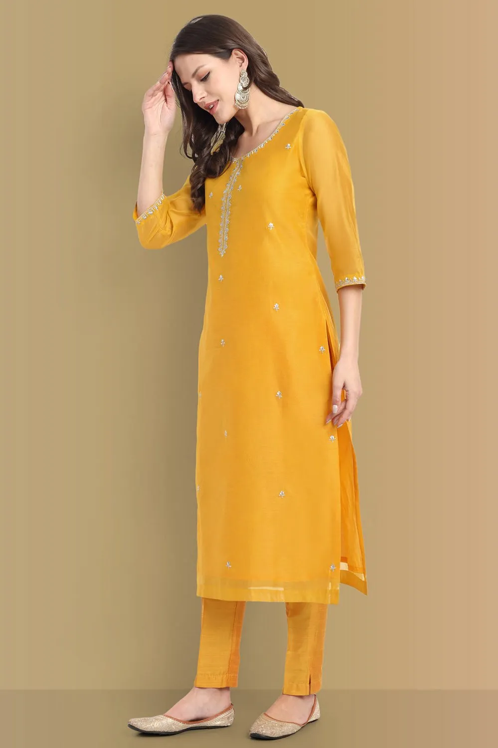 Yellow Haldi Chanderi Suit with dupatta Set of 3