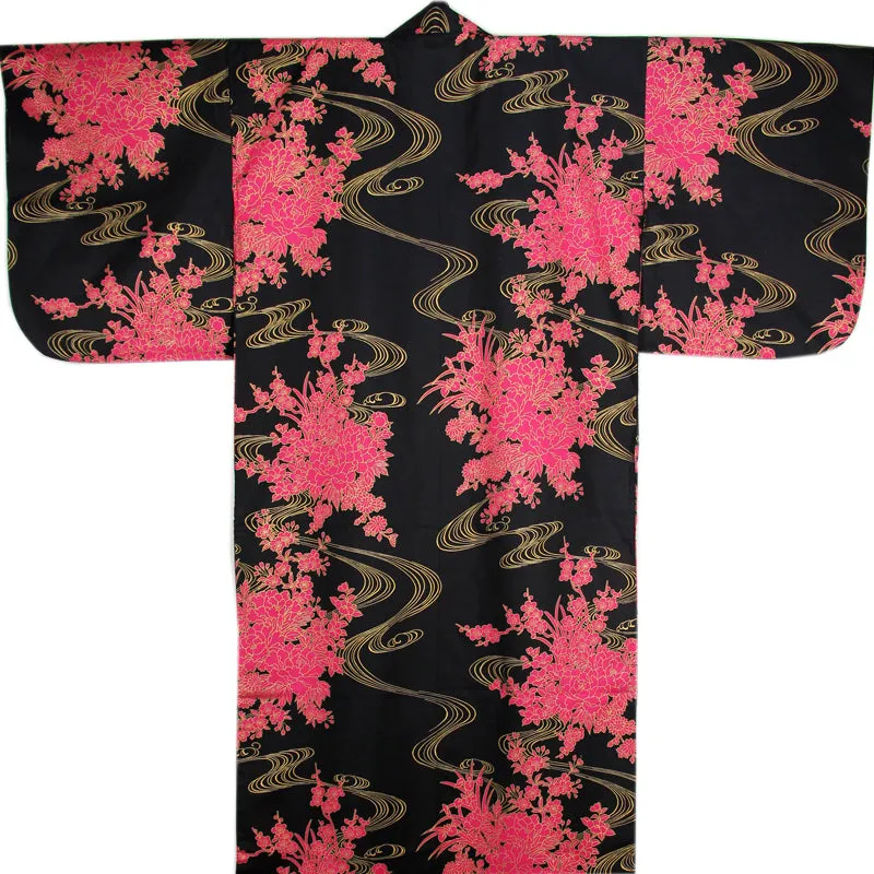 Yukata Robe for Women Flowing Peony Black